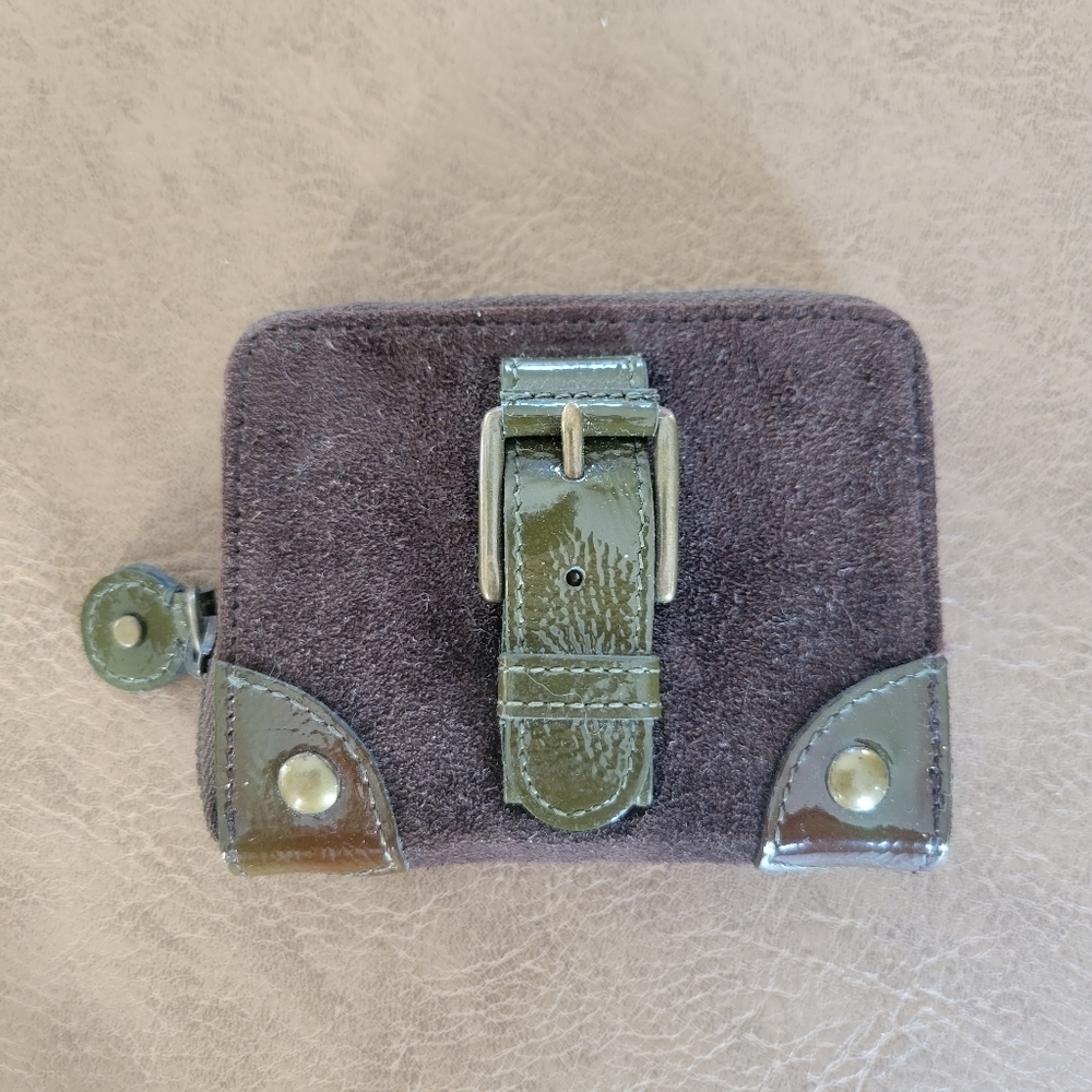 New J. Crew Mini Chocolate Brown Suede Leather Zip Around Bifold Wallet - Picture 3 of 5